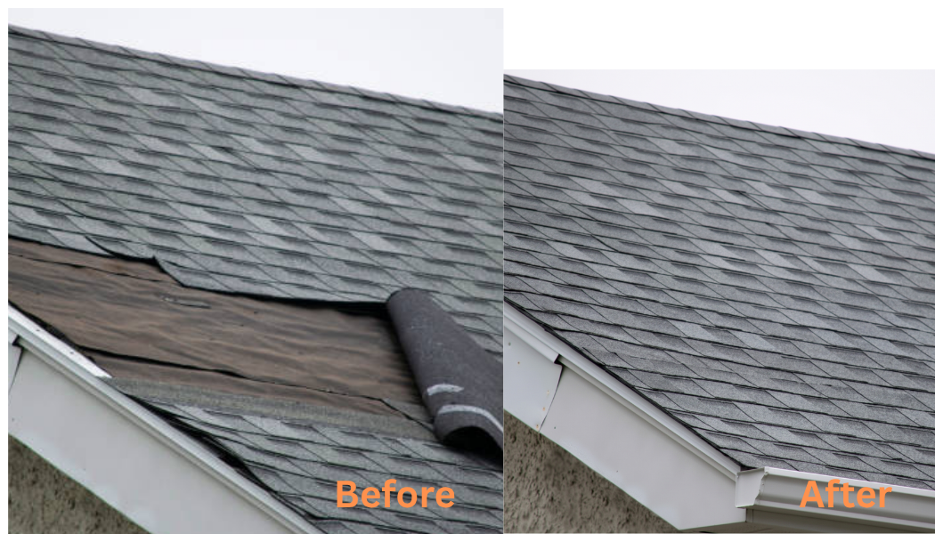 A close-up of torn and damaged shingles hanging off a roof, illustrating common roofing issues that require prompt repair.