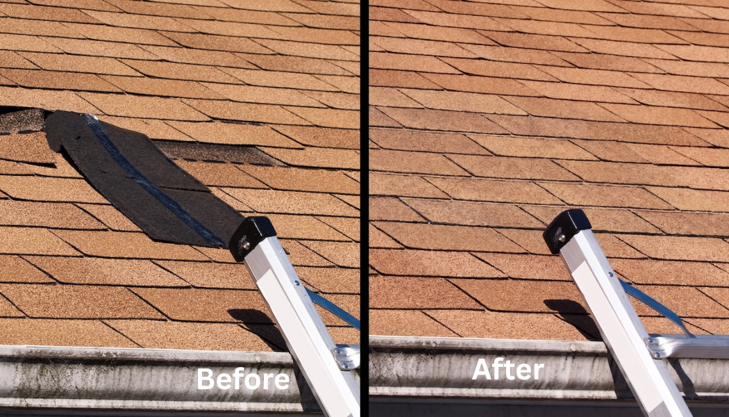 A close-up of torn and damaged shingles hanging off a roof, illustrating common roofing issues that require prompt repair.